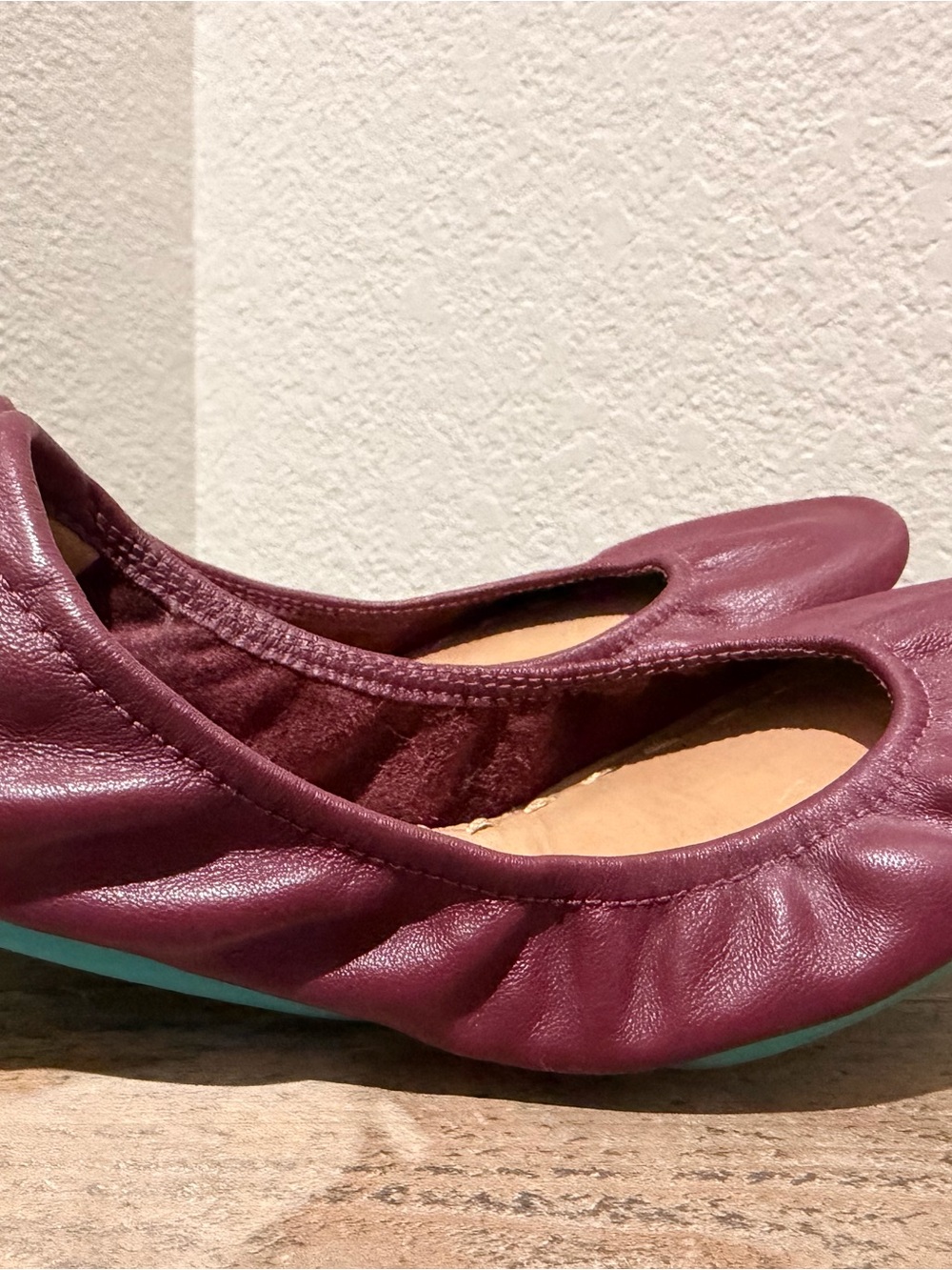 Tieks Burgundy Leather Ballet Flats with Teal Trim - Picture 4 of 5
